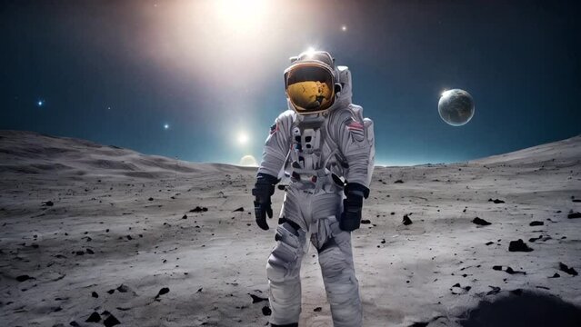 Astronaut standing on the moon with Earth in the distance and space background