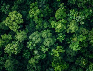 Naklejka premium Aerial view of a dense forest with lush green trees, from a top down perspective, with high resolution and detailed texture, in the style of nature photography, with a dark background