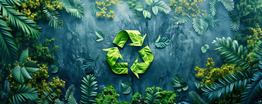 Conceptual illustration of recycling symbol on background with greenery.