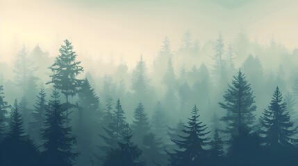 A detailed vector illustration of a misty forest at dawn, with layers of trees fading into a soft,...