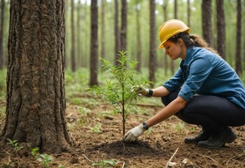 Volunteer planting trees as part of a reforestation project, reflecting environmental stewardship and the importance of reforestation efforts.