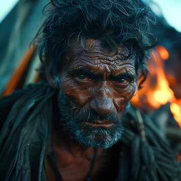 An elderly gypsy man in national clothes, against the background of a fire and a tent dwelling, portrait 
