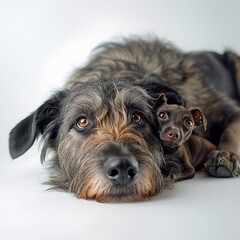 A very big and a very small dog together. Сhihuahua lies on the head of an Irish wolfhound, cute pets 
