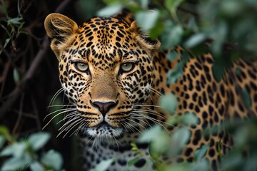 portrait of a leopard hunting from behind the bushes