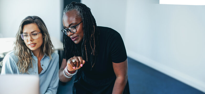 Female entrepreneurs having a discussion and using a computer together