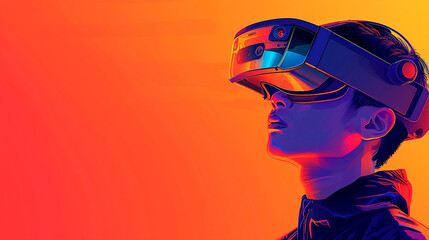 Illustration of asian boy looking in VR virtual reality glasses on color abstract background. Futuristic, Technology, AI, fantasy and gamers. Augmented reality, immersive, entertainment concept