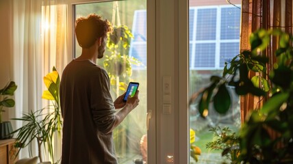 homeowner adjusting eco-friendly curtains through a smartphone app that also monitors home energy efficiency, with solar panels visible through the window