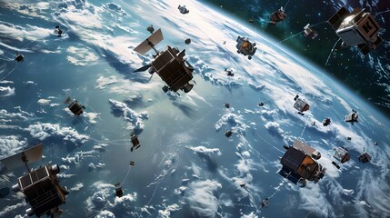 A dramatic view of several small satellites spreading out like a swarm, with Earth's vast oceans and continents visible below.