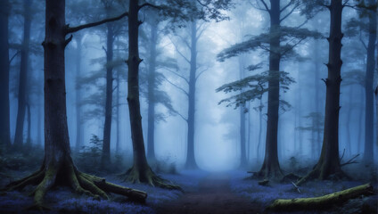 Enigmatic Forest Fog, Landscape with Fog in Deep Shades of Indigo, Shrouding a Mysterious Forest.