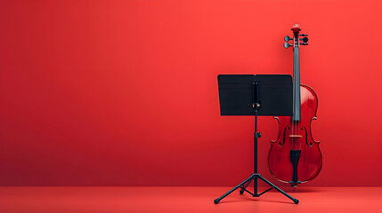 An illustration of a single minimalist violin resting against a music stand