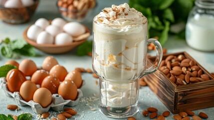   A cappuccino, garnished with whipped cream and sliced almonds, sits on a table Nearby, a carton of eggs and assorted ingredients are arranged