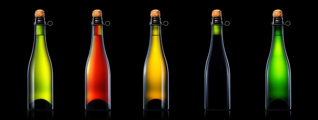 Bottles of beer, cider or champagne isolated on black background