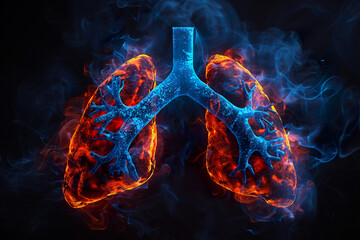 World Tuberculosis Day. Top view lungs symbol with blue smoke on black background lung cancer awareness