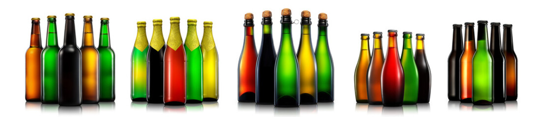 Set of beer, wine and champagne bottles isolated on white background