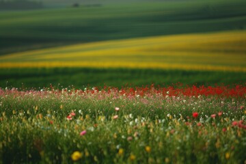 Fototapeta premium Empty scene of spring flower fields landscape grassland outdoors.