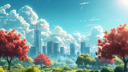 A city skyline with a large red tree in the foreground - Powered by Adobe