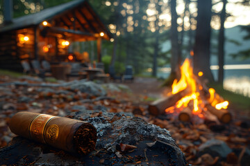 Cigar on a log by an old cabin and bonfire, forest backdrop, captured with Leica lens style—high definition, soft tones, warm golden hour lighting. - obrazy, fototapety, plakaty