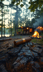 Cigar on a log by an old cabin and bonfire, forest backdrop, captured with Leica lens style—high definition, soft tones, warm golden hour lighting.