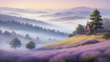 Hazy Hilltop Haven, Landscape with Fog in Soft Lavender, Creating a Hazy Retreat Atop a Hill.