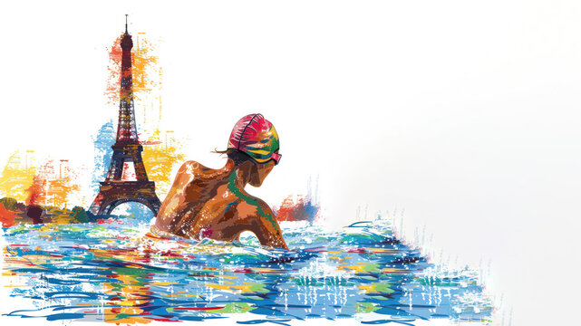 A colorful painting of a female swimmer by eiffel tower, olympic games