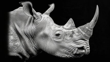 Fototapeta premium A monochrome image of a rhino with its head slightly askew against a pitch-black backdrop