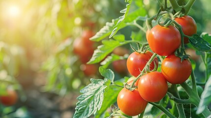 Beautiful red ripe heirloom tomatoes grown in a greenhouse. Gardening tomato photograph with copy space. Shallow depth of field. AI generated illustration