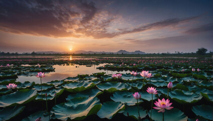 Fototapeta na wymiar Lotus Lagoon, A Vibrant Landscape with Blooming Lotus Flowers Floating on Tranquil Waters.