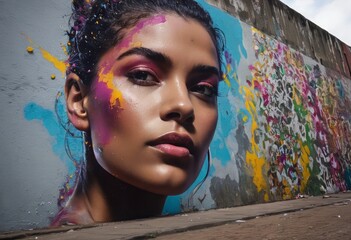 An artist with vibrant face paint in front of a graffiti wall, showcasing creative expression and...