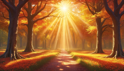 A sunlit path through a forest, with trees and a sky in the background.