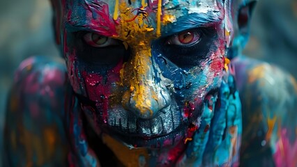 Creepy Multicolored Monster Grimace: An Artistic Image in a Horror Story. Concept Horror Photography, Multicolored Character, Monster Grimace, Artistic Image, Creepy Story