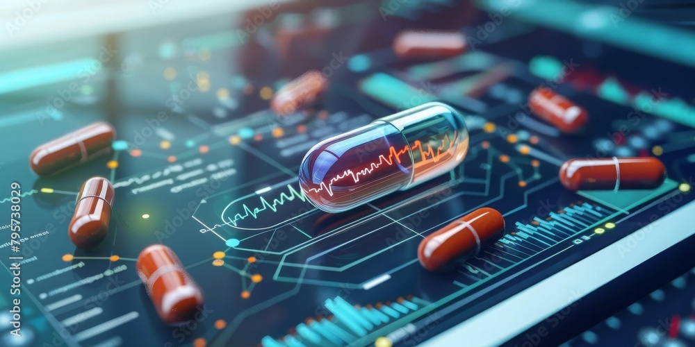 Poster a detailed visualization of medicine and health data, featuring futuristic capsules, digital dashboa