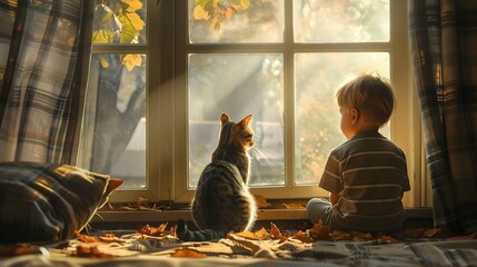 A high-definition image capturing a quiet moment between a young boy and his aging cat, both...