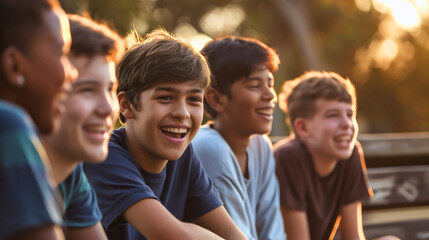 Group of five multiethnic diverse preteen tween boys laughing, friends sitting together outdoors on a wooden bench in a park at the sunset. Community happiness and joy, summer leisure hanging out