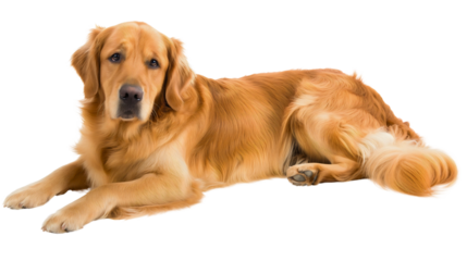 Sad golden retriever dog lying on the floor, pet isolated on transparent background, bored and unhappy animal