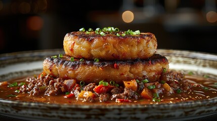   A tight shot of a dish filled with meat and vegetables in a rich gravy broth
