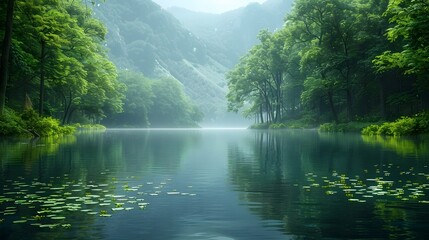 A serene landscape photograph of a peaceful lake surrounded by lush greenery, perfect for boating...