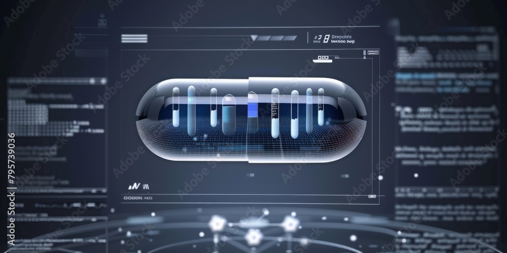 Poster a detailed visualization of medicine and health data, featuring futuristic capsules, digital dashboa