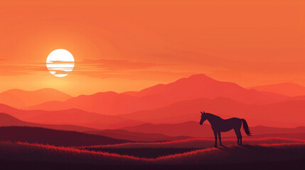 illustration of sunset  on the mountains and horse silhouette 
