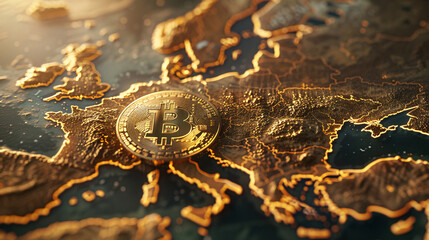 Digital Currency Concept: Golden Bitcoin Coin on European Map
