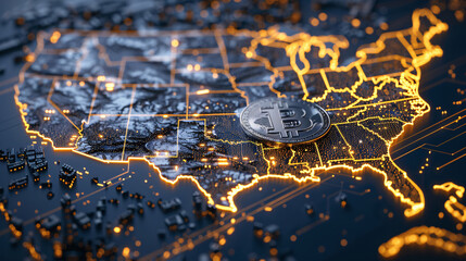 Bitcoin coin on digital map of united states: cryptocurrency concept
