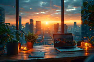 Diligent Business Executive Working on Laptop Amidst Vibrant Sunset in Sleek Modern Meeting Room