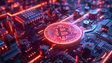 Exploring digital currency: bitcoin coin on neon circuitry background
