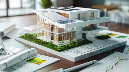 A 3D rendering of a sustainable building architecture model, displayed alongside detailed blueprints