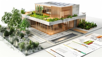 A 3D rendering of a sustainable building architecture model, displayed alongside detailed blueprints