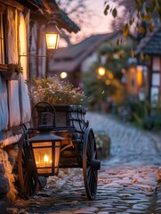 Obraz premium Vintage Lantern on Carriage Cobblestone Twilight
