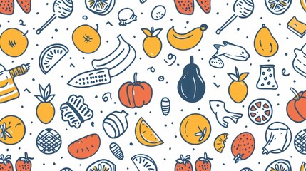 Charming seamless pattern featuring line icons of farmer's market staples such as fruits, vegetables, honey, eggs, meat, and fish.

