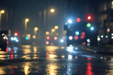 Obraz premium City lights gleam in the rain-soaked night, casting reflections in puddles with a blurred backdrop of buildings.