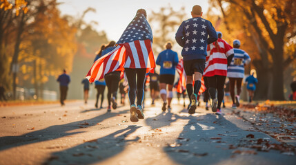 Participants in a charity run draped in American flags, jogging through a city park, showing solidarity and patriotism for a cause. , natural light, soft shadows, with copy space