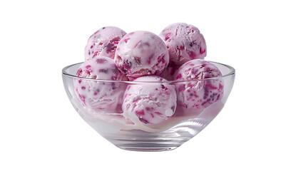  A glass bowl of ice cream balls with dark red and white patterns. On the side there is an open crystal container filled with blueberry ice creams isolated on a clear background