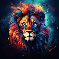Beautiful illustration of a lion full of colors. Image made by artificial intelligence.